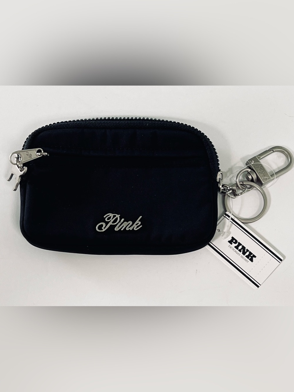 PINK Victoria’s Secret Black Nylon Zip Wallet Card Holder Key Chain NWT